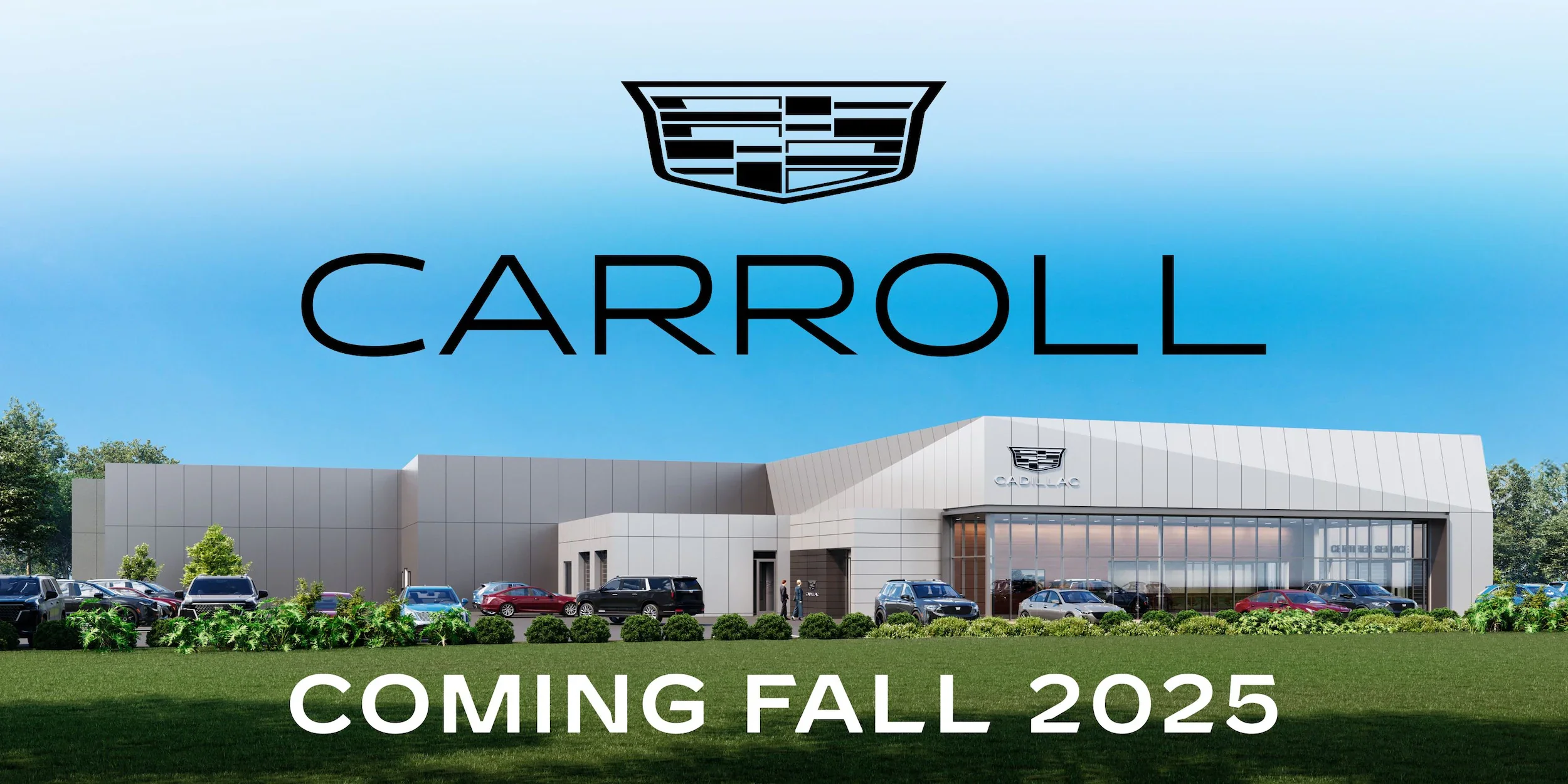Carroll Automotive Group Building with a lawn and parked cars in front